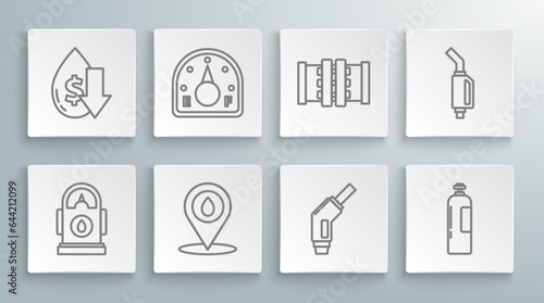 Set line Petrol or Gas station, Motor gas gauge, Refill petrol fuel location, Gasoline pump nozzle, Industrial cylinder tank, Industry metallic pipes and valve, and Drop crude oil price icon. Vector