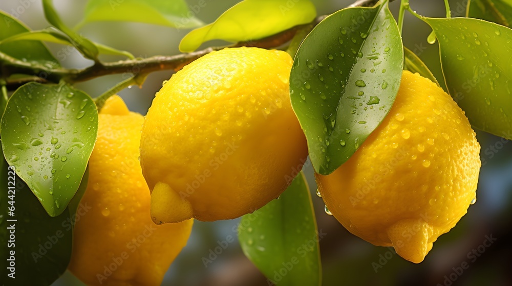 Close up lemons plant. Organic blurred summer background.