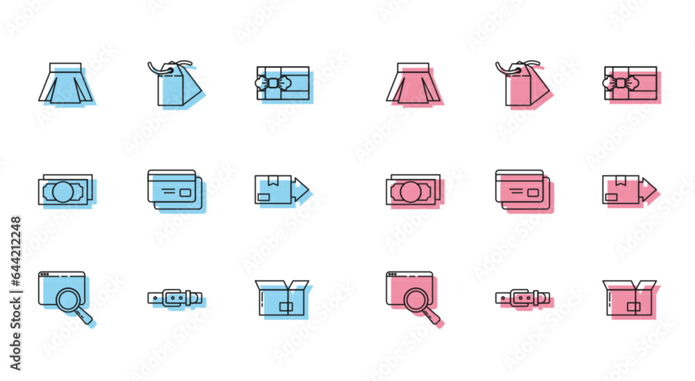 Set line Search in a browser window, Leather belt, Skirt, Carton cardboard box, Credit, Stacks paper money cash and Blank label template price tag icon. Vector Set line Search in a browser window, Leather belt, Skirt, Carton cardboard box, Credit, Stacks paper money cash and Blank label template price tag icon. Vector