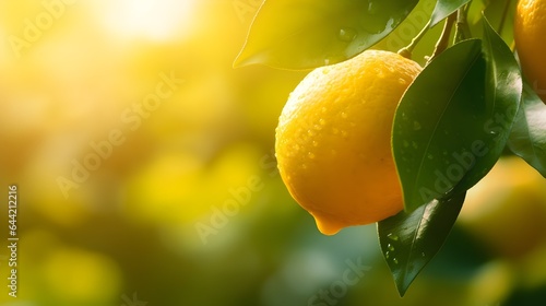Close up lemons plant. Organic blurred summer background.