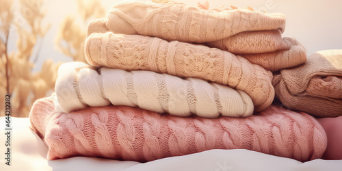 A pile of knitted sweaters, light soft pastel colors palette. Warm handmade sweaters for fall weather.
