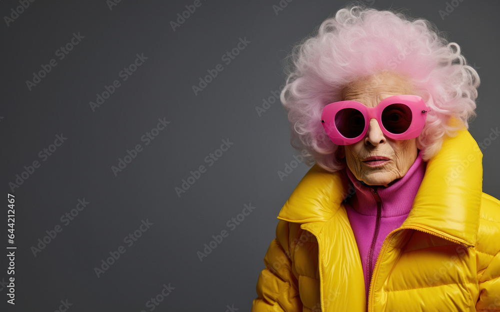 Close-up photo of an amazing charming European pink curly haired old woman, Pink hair and yellow dress with pink sunglasses