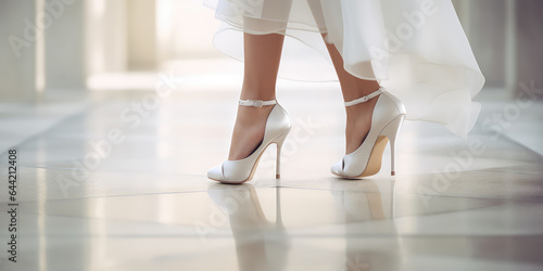 Obraz na płótnie Bride feet walking with white heels