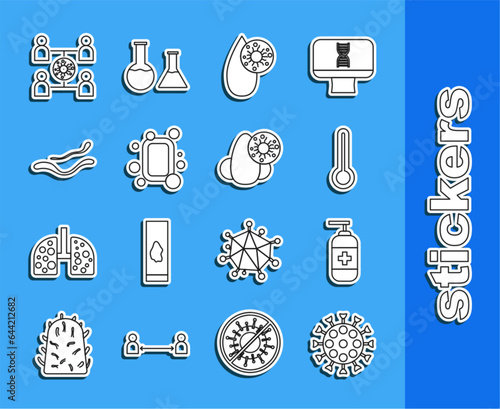 Set line Virus, Bottle of liquid antibacterial soap, Medical thermometer, Blood test and virus, Bar, Ebola disease, spread and Runny nose icon. Vector