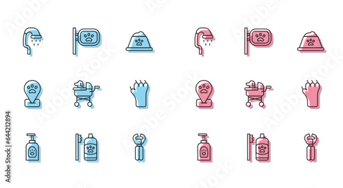 Set line Pet shampoo, Dental hygiene for pets, shower, nail clippers, stroller, Paw print, Location grooming and icon. Vector