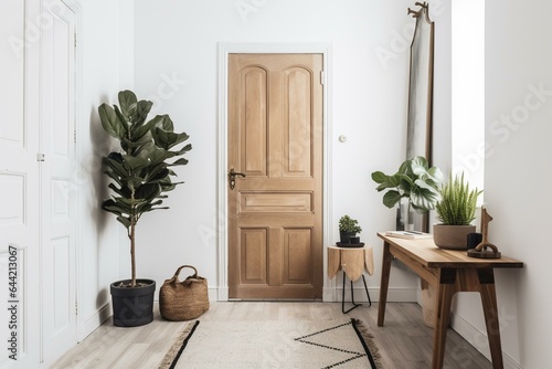 Scandinavian decor with wooden door, white space, and indoor plants. Generative AI