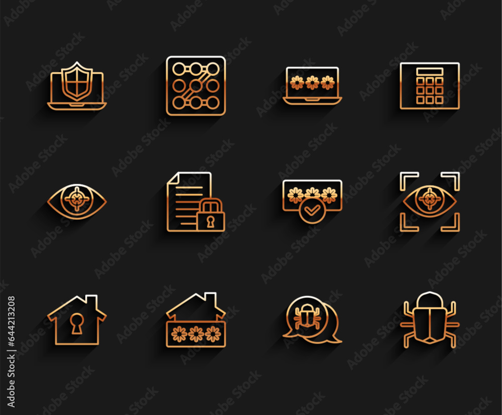 Set line House under protection, with password, Laptop protected shield, System bug, Document and lock, Eye scan and Password icon. Vector Set line House under protection, with password, Laptop protected shield, System bug, Document and lock, Eye scan and Password icon. Vector