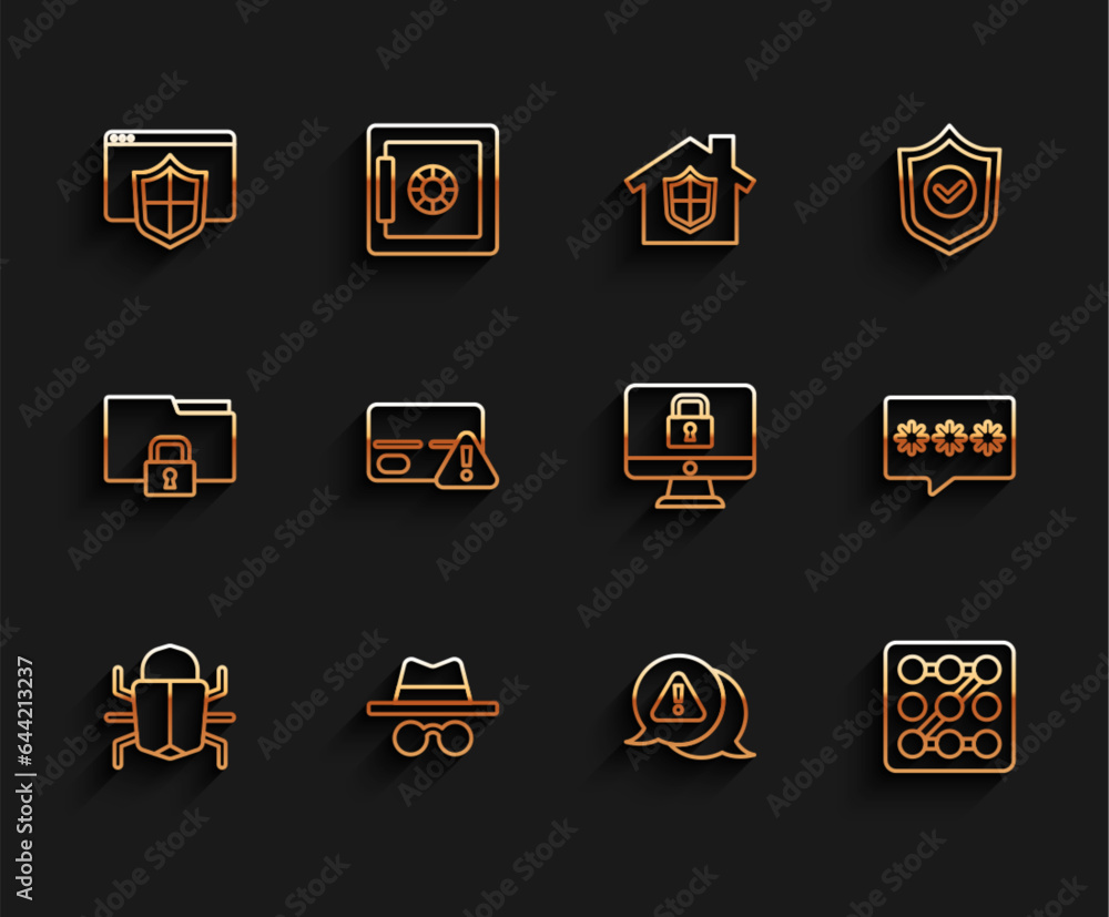 Set line System bug, Incognito mode, Browser with shield, Exclamation mark in triangle, Graphic password protection, Credit card, Password and Lock monitor icon. Vector Set line System bug, Incognito mode, Browser with shield, Exclamation mark in triangle, Graphic password protection, Credit card, Password and Lock monitor icon. Vector