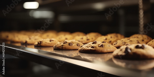 Chocolate chip cookies in production line on a conveyor. Production of classic chocolate chip cookies.