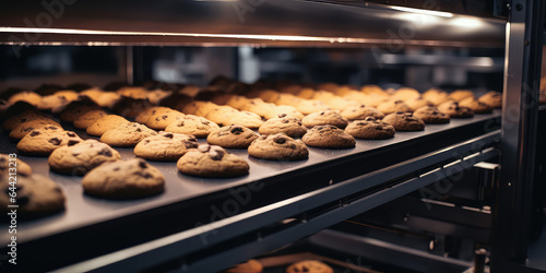 Chocolate chip cookies in production line on a conveyor. Production of classic chocolate chip cookies.