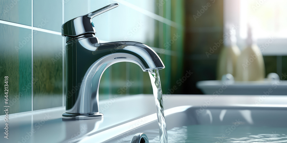 Water faucet, closeup. Running water in bathroom sink. Modern clean house, washing hands and Hygiene concept. Water faucet, closeup. Running water in bathroom sink. Modern clean house, washing hands and Hygiene concept.