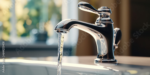 Water faucet, closeup. Running water in bathroom sink. Modern clean house, washing hands and Hygiene concept. 