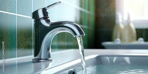 Water faucet  closeup. Running water in bathroom sink. Modern clean house  washing hands and Hygiene concept. 