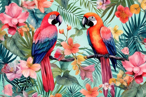 Vibrant watercolor illustration of tropical birds, monkey, jaguar, jungle plants, palm leaves, flowers, flamingo on a pastel seamless fabric background. Generative AI © Celestina