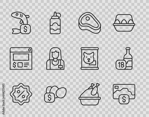 Set line Discount percent tag, Credit card, Steak meat, Price for egg, fish, Seller, Roasted turkey chicken and Wine bottle icon. Vector