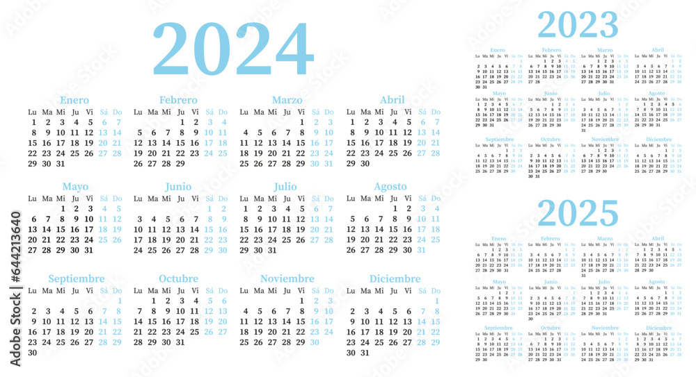 Spanish calendar for 2023,2024,2025. Week starts on Monday Spanish calendar for 2023,2024,2025. Week starts on Monday