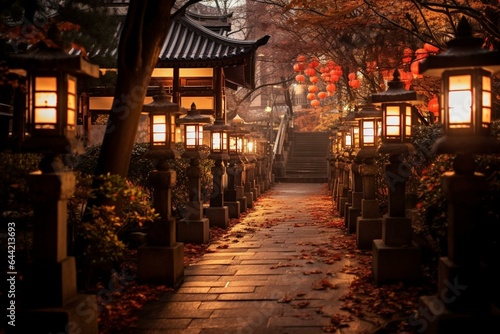 Path to night shrine lit by lanterns for New Year's visit. Generative AI