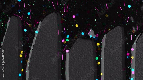 Colorful glitter sparkle confetti background liquid drops of paint color flow down on black canvas. Dark multicolored glitter paint dripping on the black wall. Festive party background