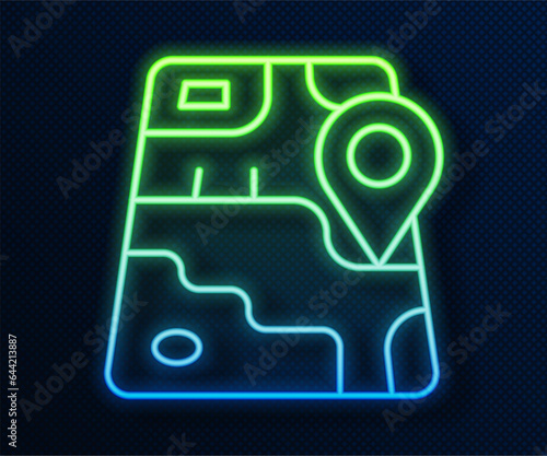 Glowing neon line Infographic of city map navigation icon isolated on blue background. Mobile App Interface concept design. Geolacation concept. Vector