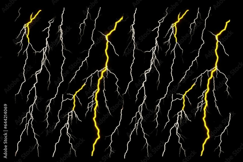 Black background with a striking pattern of yellow lightning bolts. Generative AI