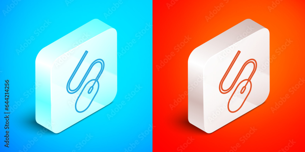 Isometric line Computer mouse icon isolated on blue and red background. Optical with wheel symbol. Silver square button. Vector Isometric line Computer mouse icon isolated on blue and red background. Optical with wheel symbol. Silver square button. Vector