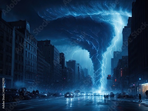 A Large Blue Dramatic Tornado Cyclone Storm over city Thunderstorm Lightning Doomsday Night Sky Scary Weather Forecast Metrology Hurricane Typhoon Apoclaypse Natural Disaster Earthquake Cloud Burst photo