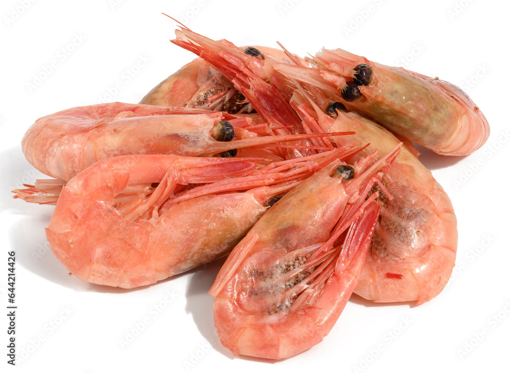 Boiled shrimp on a white isolated background, close up Boiled shrimp on a white isolated background, close up