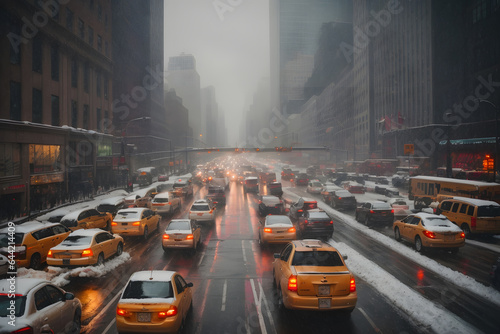 Fototapeta Rush hour with yellow taxi cabs and traffic jam in metropolitan city during the