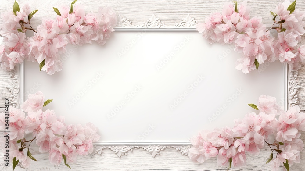 a banner framed by delicate pink flowers and lush green leaves against a soft light background. The composition exudes the freshness and vibrancy of the season, leaving ample space for copyspace. a banner framed by delicate pink flowers and lush green leaves against a soft light background. The composition exudes the freshness and vibrancy of the season, leaving ample space for copyspace.