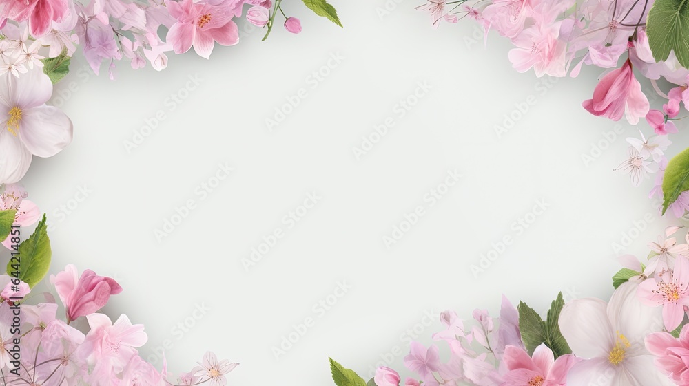 a banner framed by delicate pink flowers and lush green leaves against a soft light background. The composition exudes the freshness and vibrancy of the season, leaving ample space for copyspace. a banner framed by delicate pink flowers and lush green leaves against a soft light background. The composition exudes the freshness and vibrancy of the season, leaving ample space for copyspace.