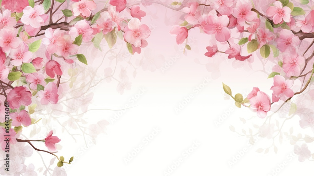 a banner framed by delicate pink flowers and lush green leaves against a soft light background. The composition exudes the freshness and vibrancy of the season, leaving ample space for copyspace. a banner framed by delicate pink flowers and lush green leaves against a soft light background. The composition exudes the freshness and vibrancy of the season, leaving ample space for copyspace.