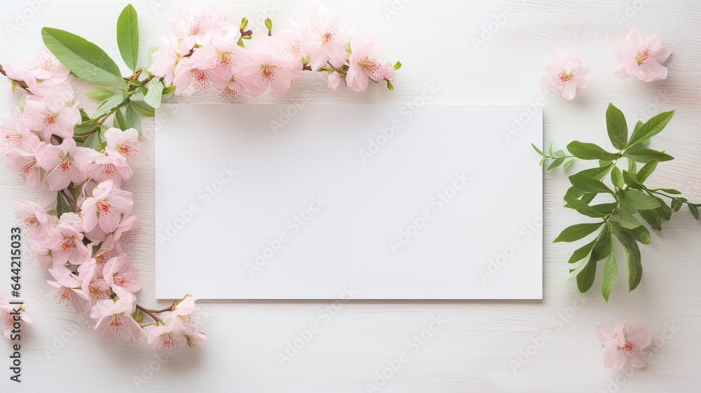 a banner framed by delicate pink flowers and lush green leaves against a soft light background. The composition exudes the freshness and vibrancy of the season, leaving ample space for copyspace. a banner framed by delicate pink flowers and lush green leaves against a soft light background. The composition exudes the freshness and vibrancy of the season, leaving ample space for copyspace.