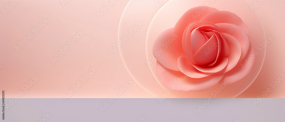 Różowe tło z różą - pastelowe kolory. Okrąg z kwiatem 3d. Miejsce na prezentację produktu - obrazy, fototapety, plakaty 