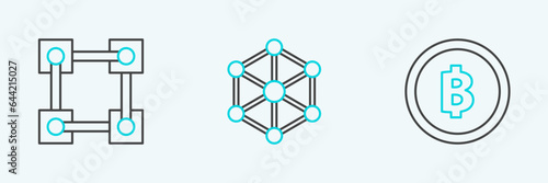 Set line Cryptocurrency coin Bitcoin, Blockchain technology and icon. Vector