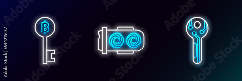 Set line Cryptocurrency key, Bitcoin and Mining farm icon. Glowing neon. Vector