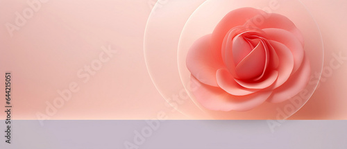 Różowe tło z różą - pastelowe kolory. Okrąg z kwiatem 3d. Miejsce na prezentację produktu