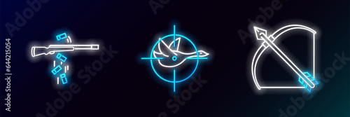 Set line Bow and arrow in quiver, Gun shooting and Hunt on duck with crosshairs icon. Glowing neon. Vector