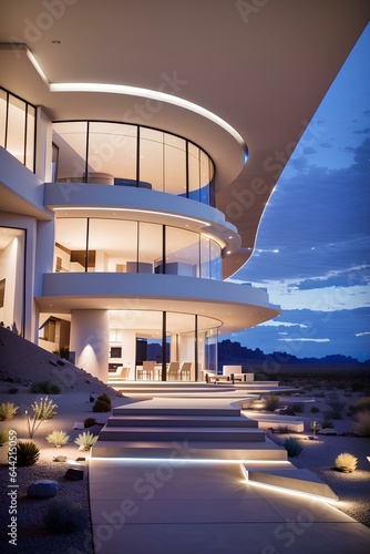 Futuristic modern looking home in the desert southwest with sleek design in the evening with lights on