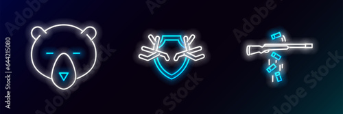 Set line Gun shooting, Bear head and Deer antlers on shield icon. Glowing neon. Vector
