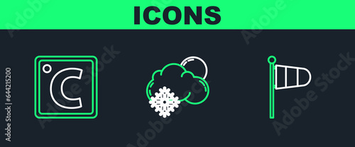 Set line Cone meteorology windsock wind vane, Celsius and Cloud with snow and sun icon. Vector