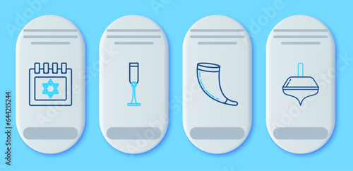 Set line Jewish goblet, Traditional ram horn, shofar, calendar with star david and Hanukkah dreidel icon. Vector
