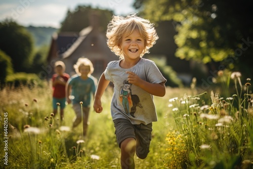 Summer vacation concept, happy children playing in the forest and meadow, selective focus.