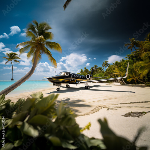 luxury private jet, aircraft on the beach
