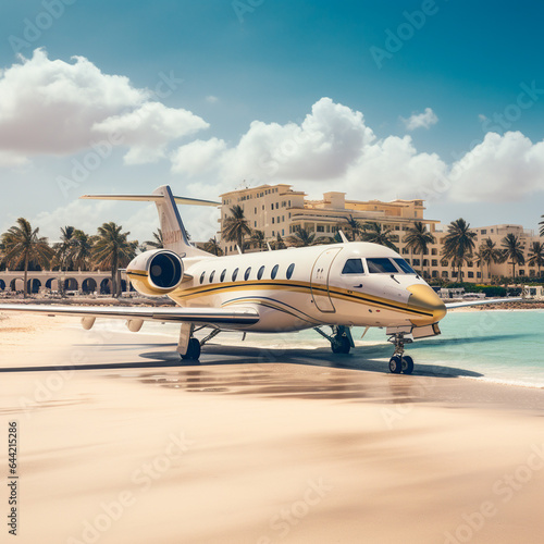 luxury private jet, aircraft on the beach