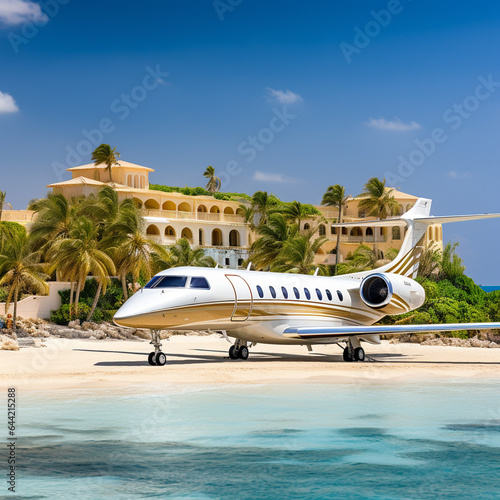 luxury private jet, aircraft on the beach