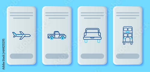 Set line Pickup truck, Plane and Double decker bus icon. Vector