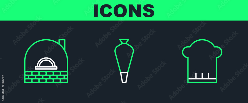 Set line Chef hat, Brick stove and Pastry bag for decorate cakes icon. Vector Set line Chef hat, Brick stove and Pastry bag for decorate cakes icon. Vector