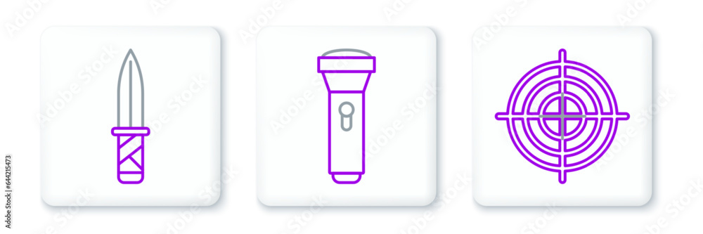 Set line Target sport for shooting competition, Military knife and Flashlight icon. Vector Set line Target sport for shooting competition, Military knife and Flashlight icon. Vector