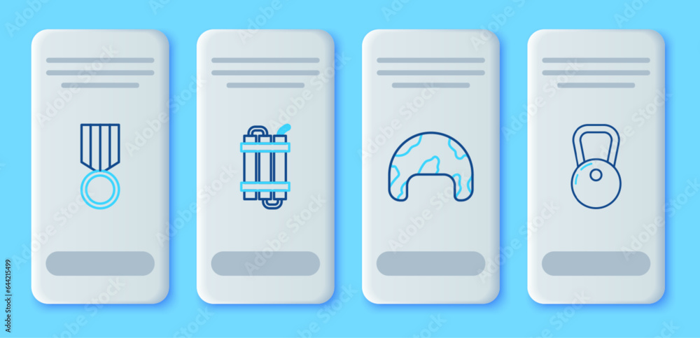 Set line Detonate dynamite bomb stick, Military helmet, reward medal and Kettlebell icon. Vector Set line Detonate dynamite bomb stick, Military helmet, reward medal and Kettlebell icon. Vector