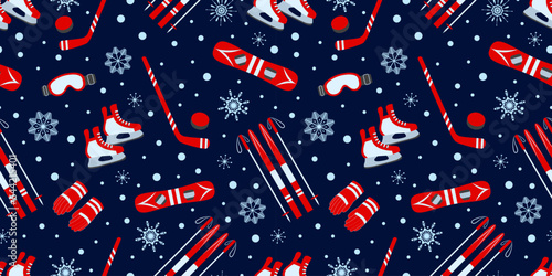 Winter outdoors repeated print. Vector illustration. Wintery sports seamless backdrop. Ice hockey, skating, skiing, snowboarding equipment wallpaper for Christmas and New Year designs.